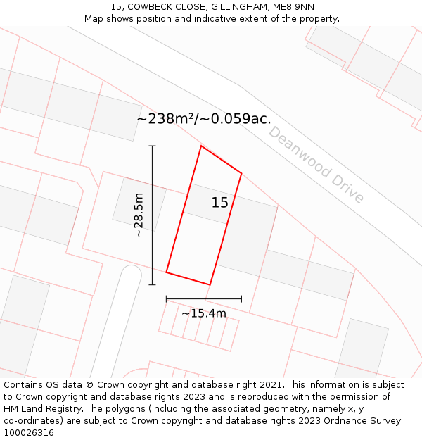 15, COWBECK CLOSE, GILLINGHAM, ME8 9NN: Plot and title map