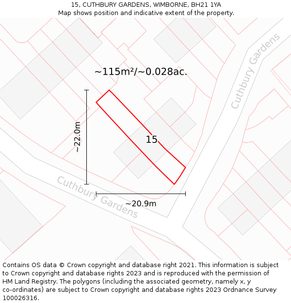 15, CUTHBURY GARDENS, WIMBORNE, BH21 1YA: Plot and title map