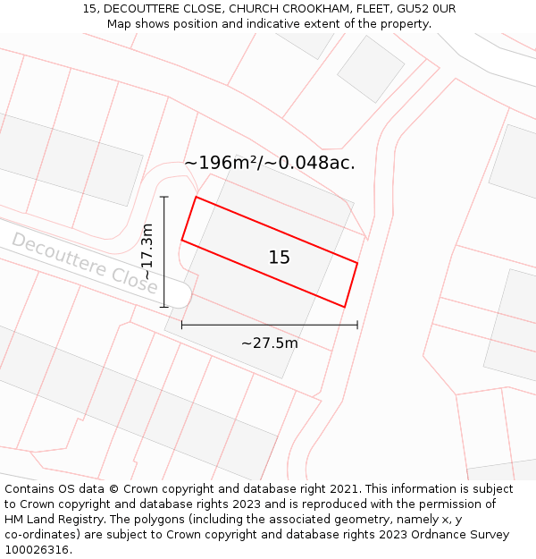 15, DECOUTTERE CLOSE, CHURCH CROOKHAM, FLEET, GU52 0UR: Plot and title map