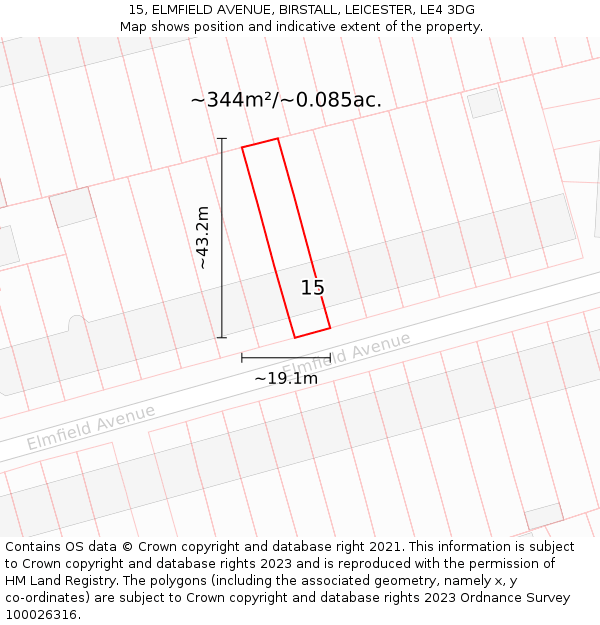 15, ELMFIELD AVENUE, BIRSTALL, LEICESTER, LE4 3DG: Plot and title map