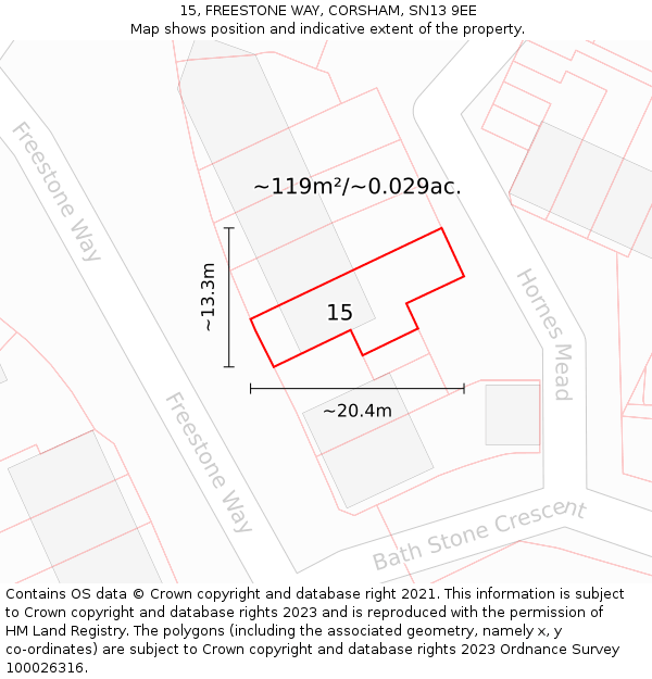 15, FREESTONE WAY, CORSHAM, SN13 9EE: Plot and title map