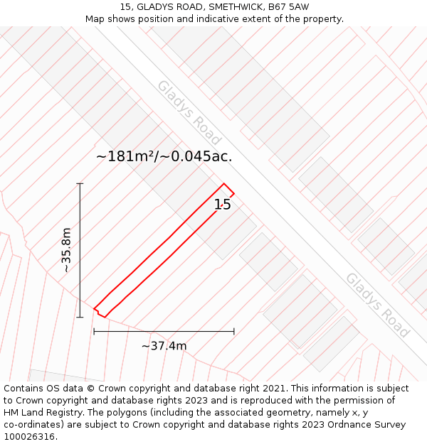 15, GLADYS ROAD, SMETHWICK, B67 5AW: Plot and title map