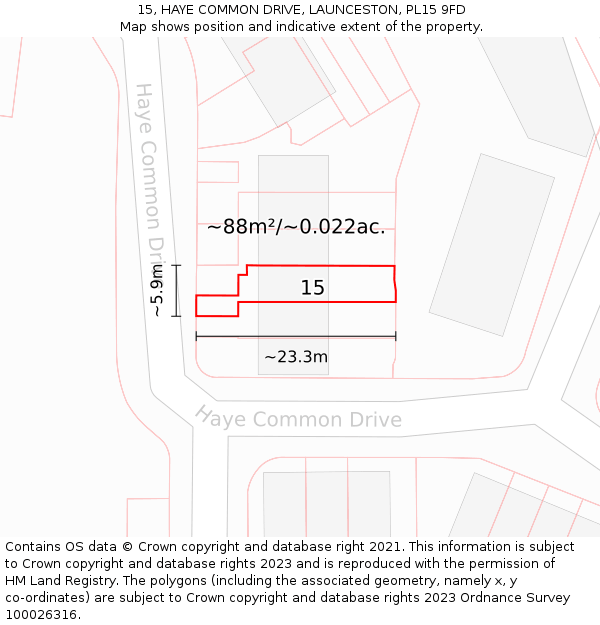 15, HAYE COMMON DRIVE, LAUNCESTON, PL15 9FD: Plot and title map