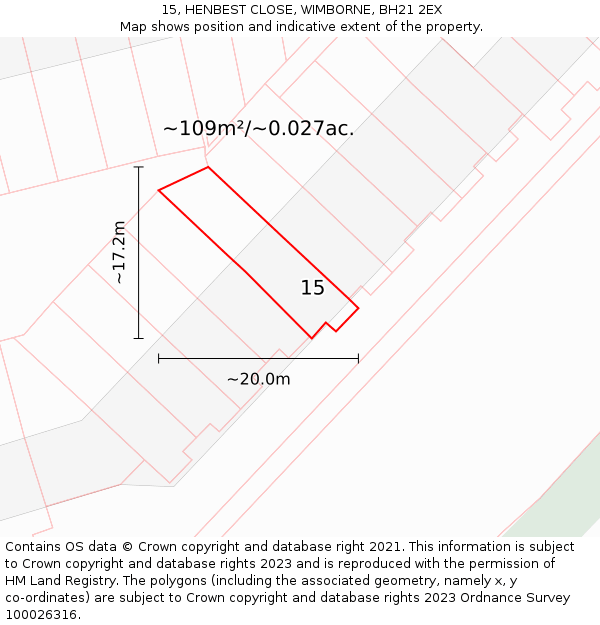15, HENBEST CLOSE, WIMBORNE, BH21 2EX: Plot and title map