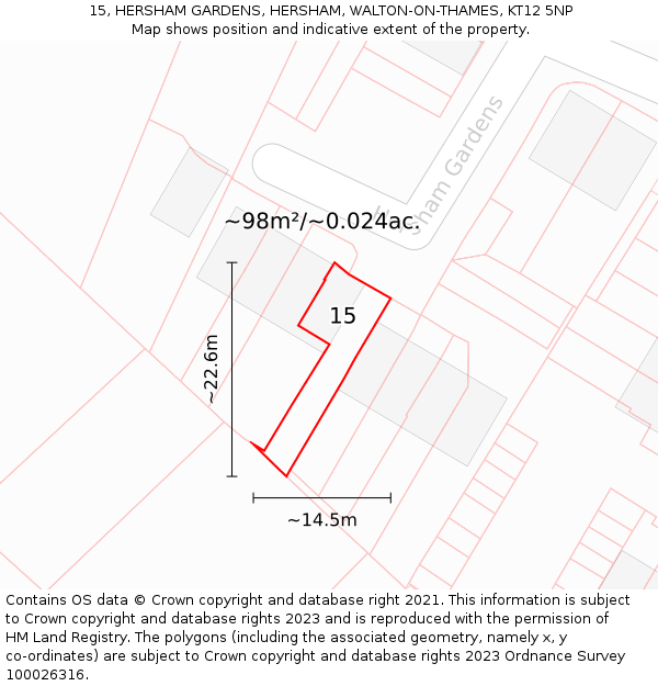 15, HERSHAM GARDENS, HERSHAM, WALTON-ON-THAMES, KT12 5NP: Plot and title map