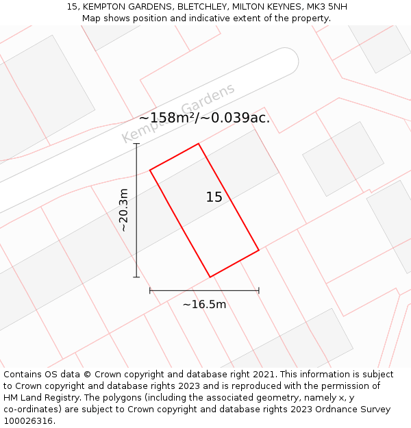 15, KEMPTON GARDENS, BLETCHLEY, MILTON KEYNES, MK3 5NH: Plot and title map