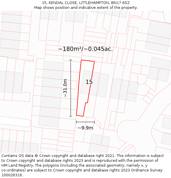 15, KENDAL CLOSE, LITTLEHAMPTON, BN17 6SZ: Plot and title map