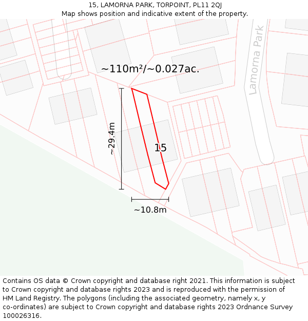 15, LAMORNA PARK, TORPOINT, PL11 2QJ: Plot and title map