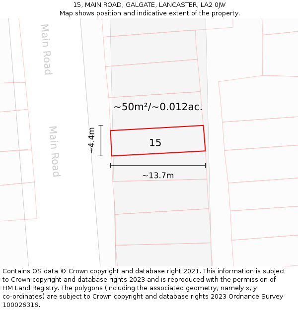 15, MAIN ROAD, GALGATE, LANCASTER, LA2 0JW: Plot and title map