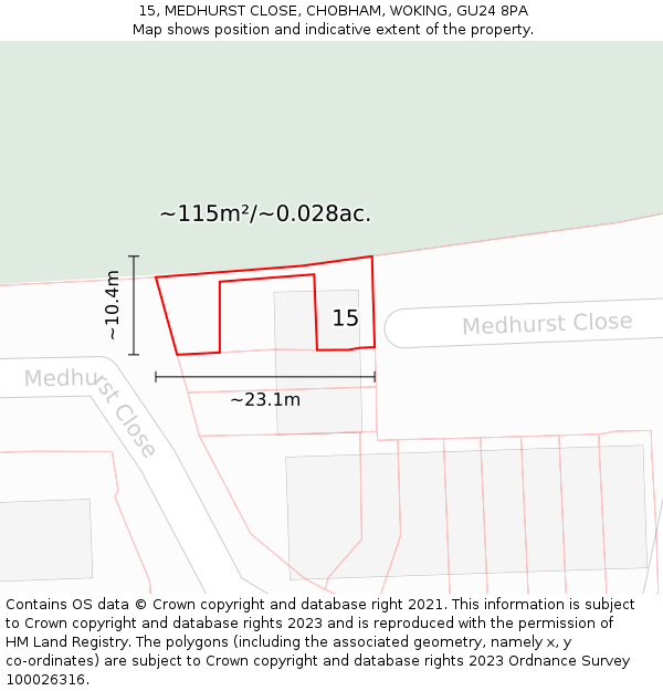 15, MEDHURST CLOSE, CHOBHAM, WOKING, GU24 8PA: Plot and title map