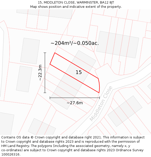 15, MIDDLETON CLOSE, WARMINSTER, BA12 8JT: Plot and title map