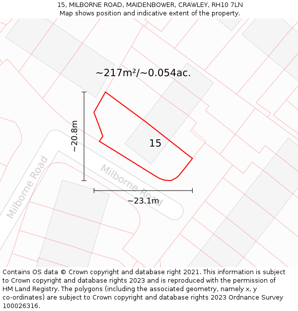 15, MILBORNE ROAD, MAIDENBOWER, CRAWLEY, RH10 7LN: Plot and title map