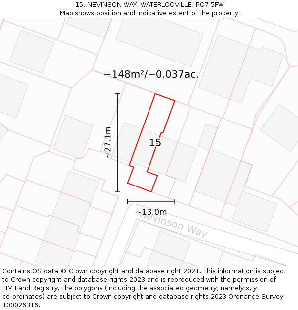 15, NEVINSON WAY, WATERLOOVILLE, PO7 5FW: Plot and title map