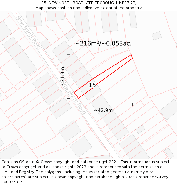 15, NEW NORTH ROAD, ATTLEBOROUGH, NR17 2BJ: Plot and title map