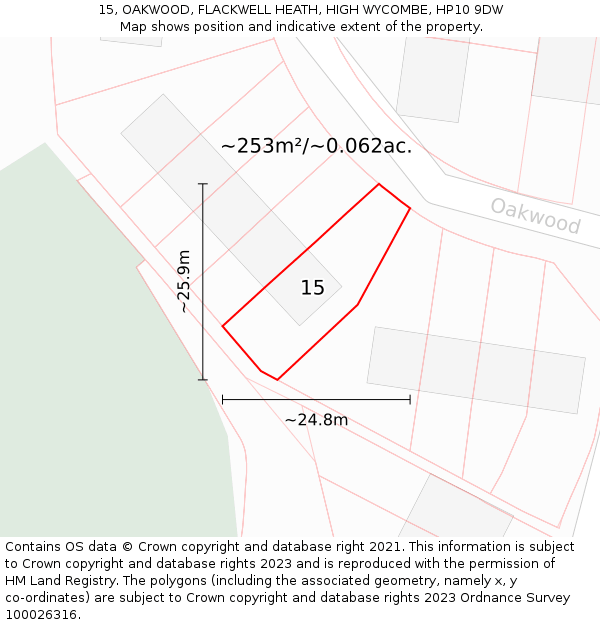 15, OAKWOOD, FLACKWELL HEATH, HIGH WYCOMBE, HP10 9DW: Plot and title map