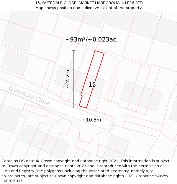 15, OVERDALE CLOSE, MARKET HARBOROUGH, LE16 8FD: Plot and title map