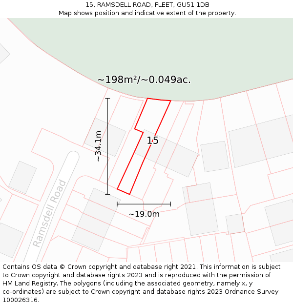 15, RAMSDELL ROAD, FLEET, GU51 1DB: Plot and title map