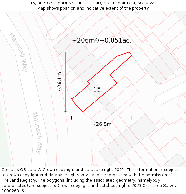 15, REPTON GARDENS, HEDGE END, SOUTHAMPTON, SO30 2AE: Plot and title map