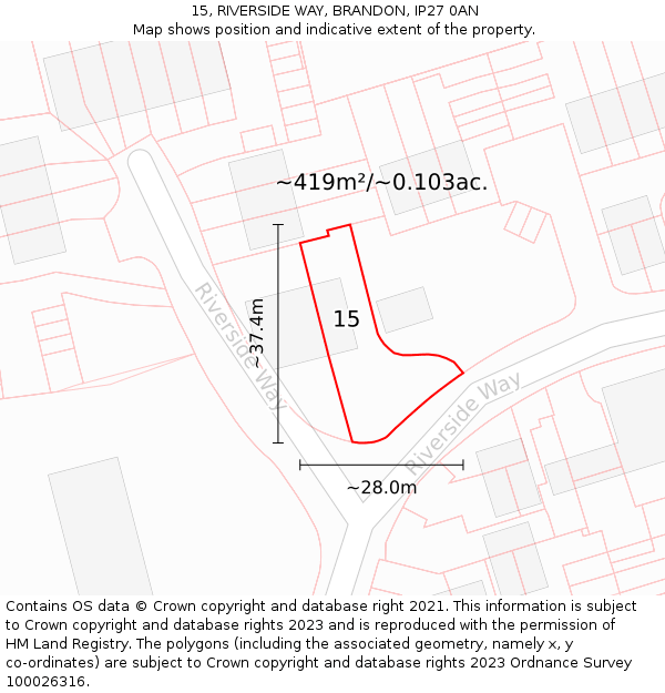 15, RIVERSIDE WAY, BRANDON, IP27 0AN: Plot and title map