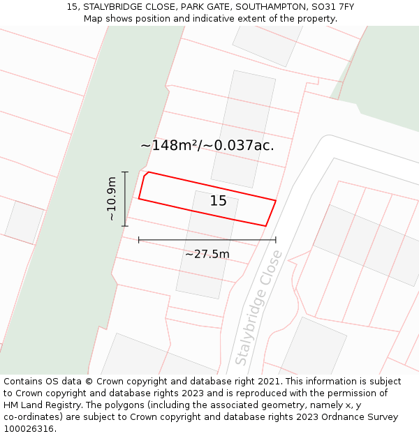15, STALYBRIDGE CLOSE, PARK GATE, SOUTHAMPTON, SO31 7FY: Plot and title map