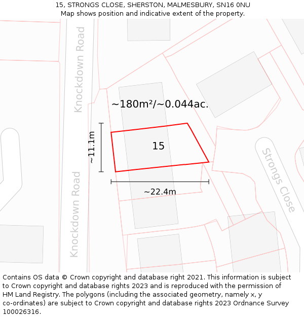 15, STRONGS CLOSE, SHERSTON, MALMESBURY, SN16 0NU: Plot and title map