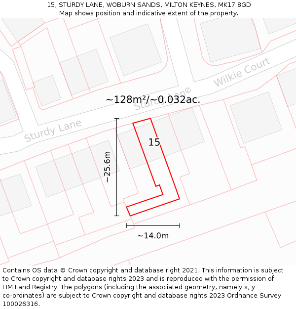 15, STURDY LANE, WOBURN SANDS, MILTON KEYNES, MK17 8GD: Plot and title map