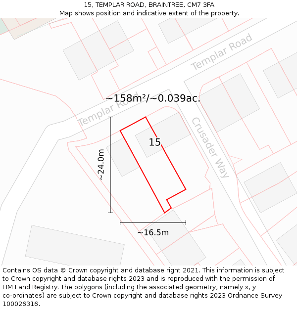 15, TEMPLAR ROAD, BRAINTREE, CM7 3FA: Plot and title map