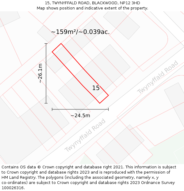 15, TWYNYFFALD ROAD, BLACKWOOD, NP12 3HD: Plot and title map