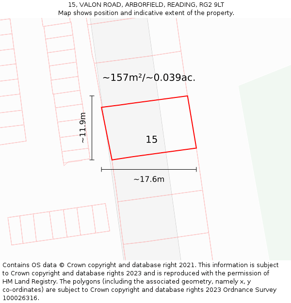 15, VALON ROAD, ARBORFIELD, READING, RG2 9LT: Plot and title map