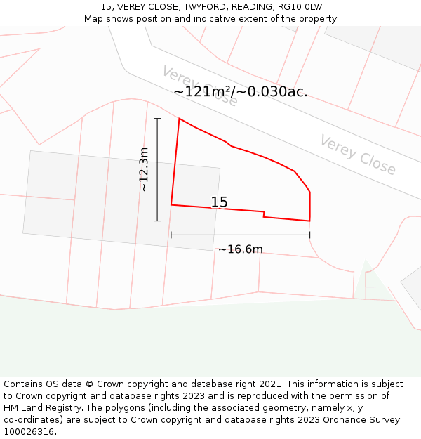 15, VEREY CLOSE, TWYFORD, READING, RG10 0LW: Plot and title map