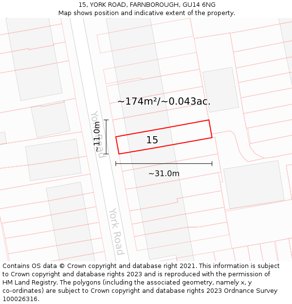 15, YORK ROAD, FARNBOROUGH, GU14 6NG: Plot and title map