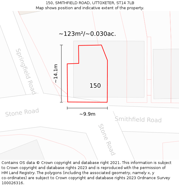 150, SMITHFIELD ROAD, UTTOXETER, ST14 7LB: Plot and title map