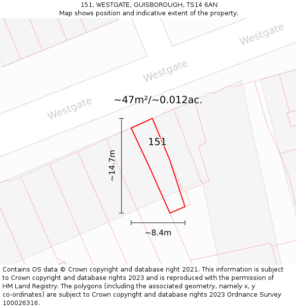 151, WESTGATE, GUISBOROUGH, TS14 6AN: Plot and title map