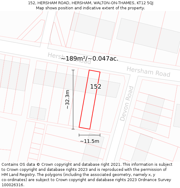 152, HERSHAM ROAD, HERSHAM, WALTON-ON-THAMES, KT12 5QJ: Plot and title map