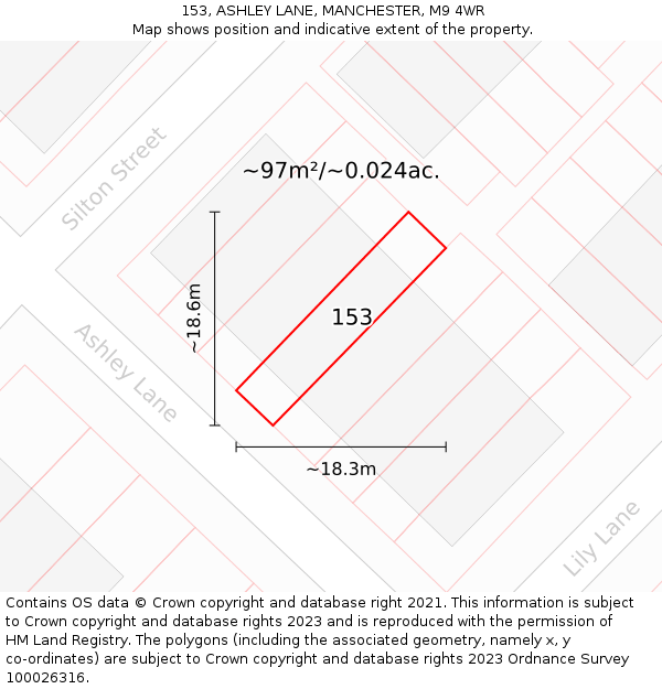 153, ASHLEY LANE, MANCHESTER, M9 4WR: Plot and title map