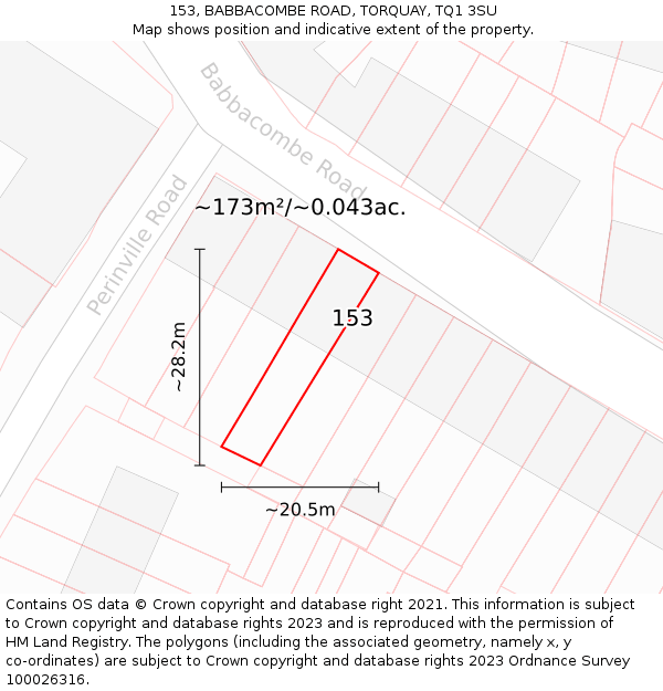 153, BABBACOMBE ROAD, TORQUAY, TQ1 3SU: Plot and title map