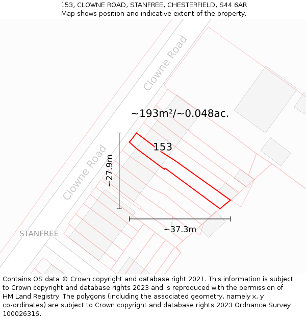 153, CLOWNE ROAD, STANFREE, CHESTERFIELD, S44 6AR: Plot and title map