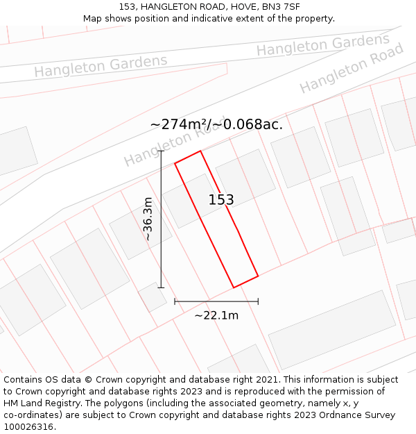 153, HANGLETON ROAD, HOVE, BN3 7SF: Plot and title map