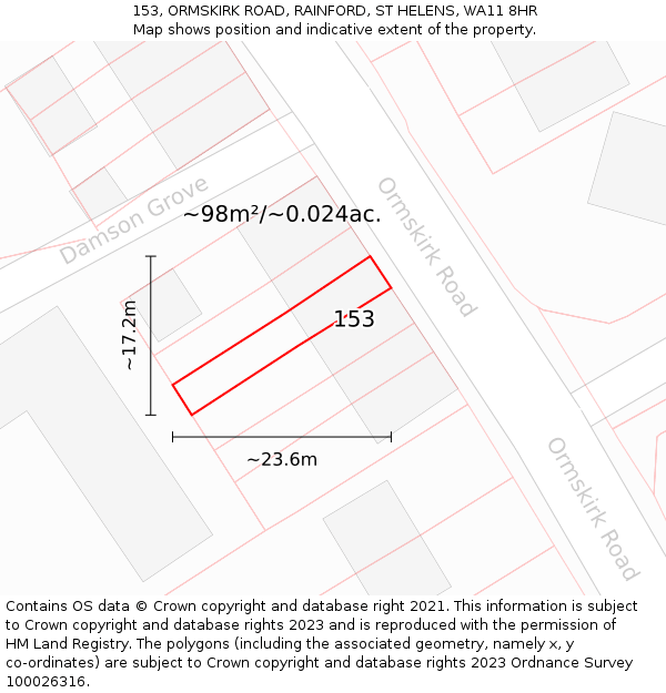 153, ORMSKIRK ROAD, RAINFORD, ST HELENS, WA11 8HR: Plot and title map