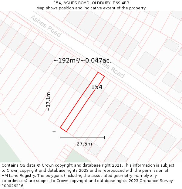 154, ASHES ROAD, OLDBURY, B69 4RB: Plot and title map