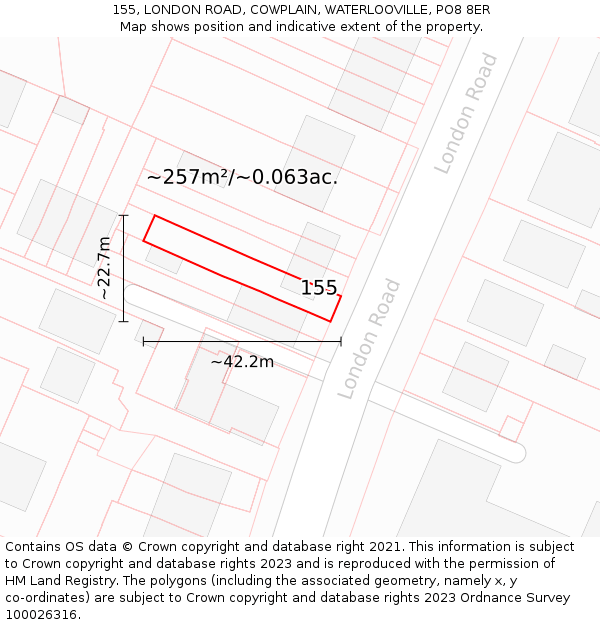 155, LONDON ROAD, COWPLAIN, WATERLOOVILLE, PO8 8ER: Plot and title map
