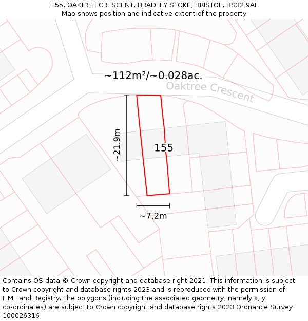 155, OAKTREE CRESCENT, BRADLEY STOKE, BRISTOL, BS32 9AE: Plot and title map