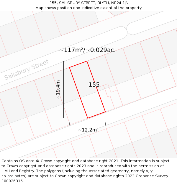 155, SALISBURY STREET, BLYTH, NE24 1JN: Plot and title map