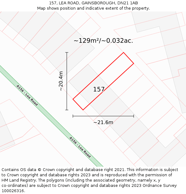 157, LEA ROAD, GAINSBOROUGH, DN21 1AB: Plot and title map