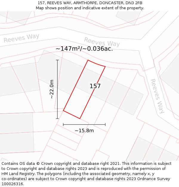 157, REEVES WAY, ARMTHORPE, DONCASTER, DN3 2FB: Plot and title map