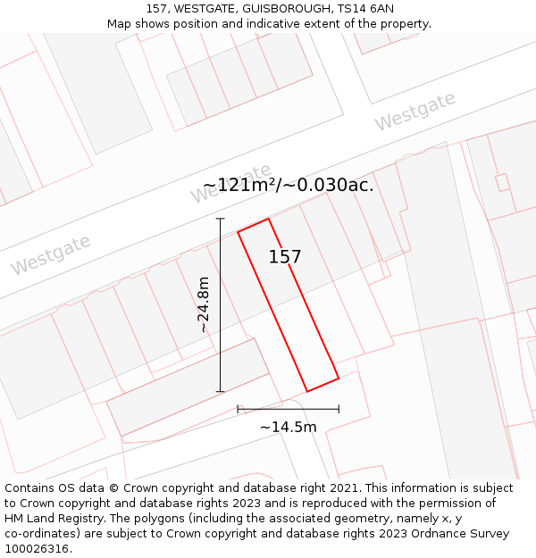 157, WESTGATE, GUISBOROUGH, TS14 6AN: Plot and title map