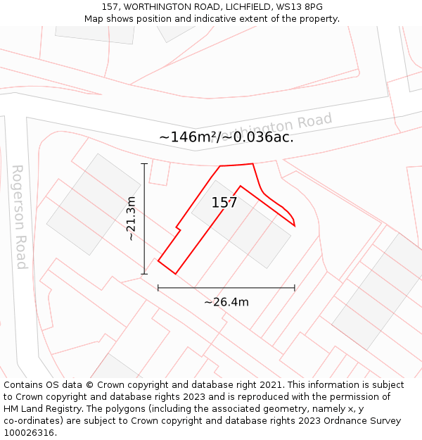 157, WORTHINGTON ROAD, LICHFIELD, WS13 8PG: Plot and title map