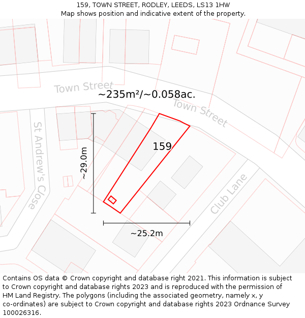159, TOWN STREET, RODLEY, LEEDS, LS13 1HW: Plot and title map