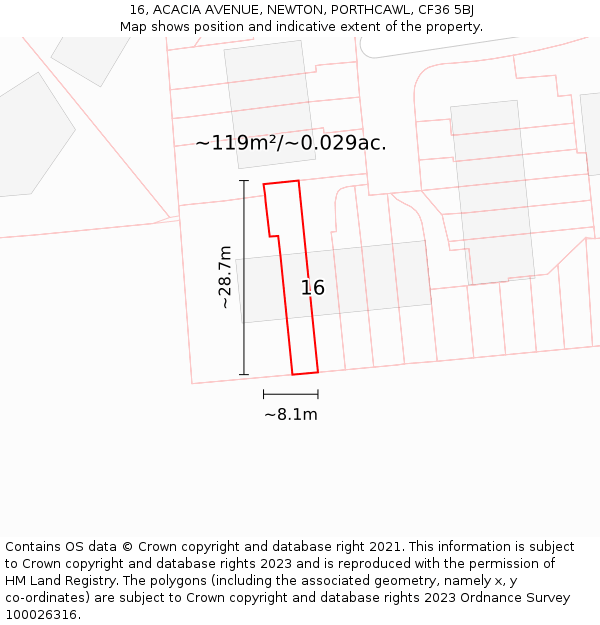 16, ACACIA AVENUE, NEWTON, PORTHCAWL, CF36 5BJ: Plot and title map