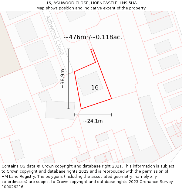 16, ASHWOOD CLOSE, HORNCASTLE, LN9 5HA: Plot and title map